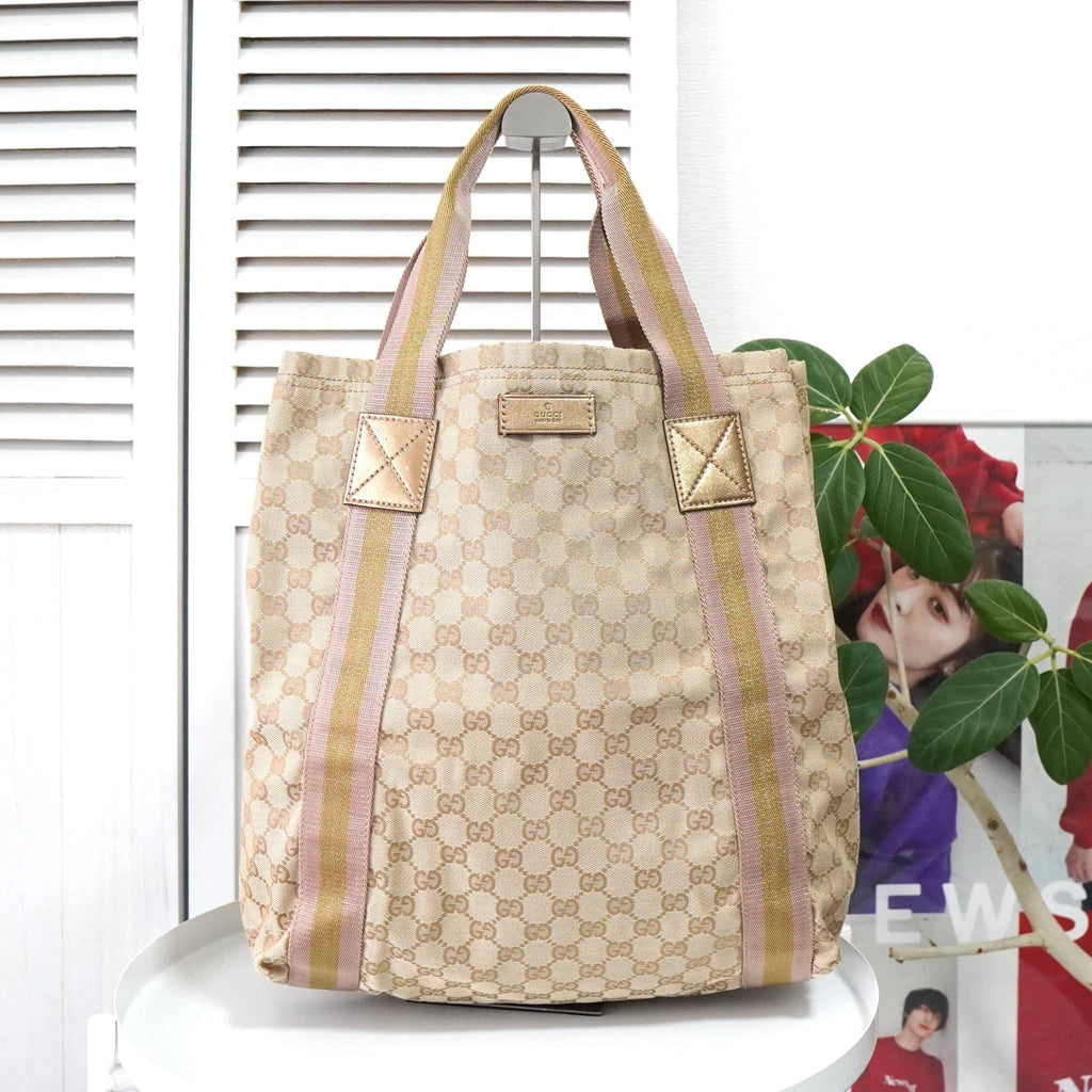 Gucci GG 帆布/皮革手提包，米色/金色