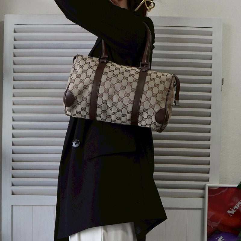 グッチ GGキャンバス / レザー ハンドバッグ ミニボストンバッグ 肩掛け ブラウン - NEWSED