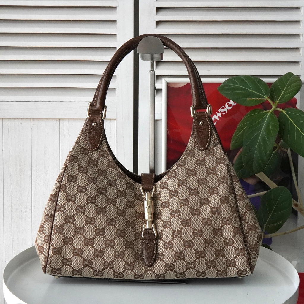 Gucci New Jackie GG 帆布/皮革手提包 棕色
