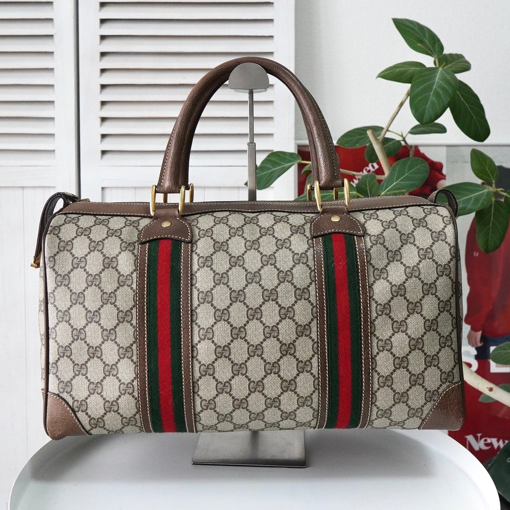 オールド グッチ シェリーライン GGスプリーム / レザー ボストンバッグ ベージュ