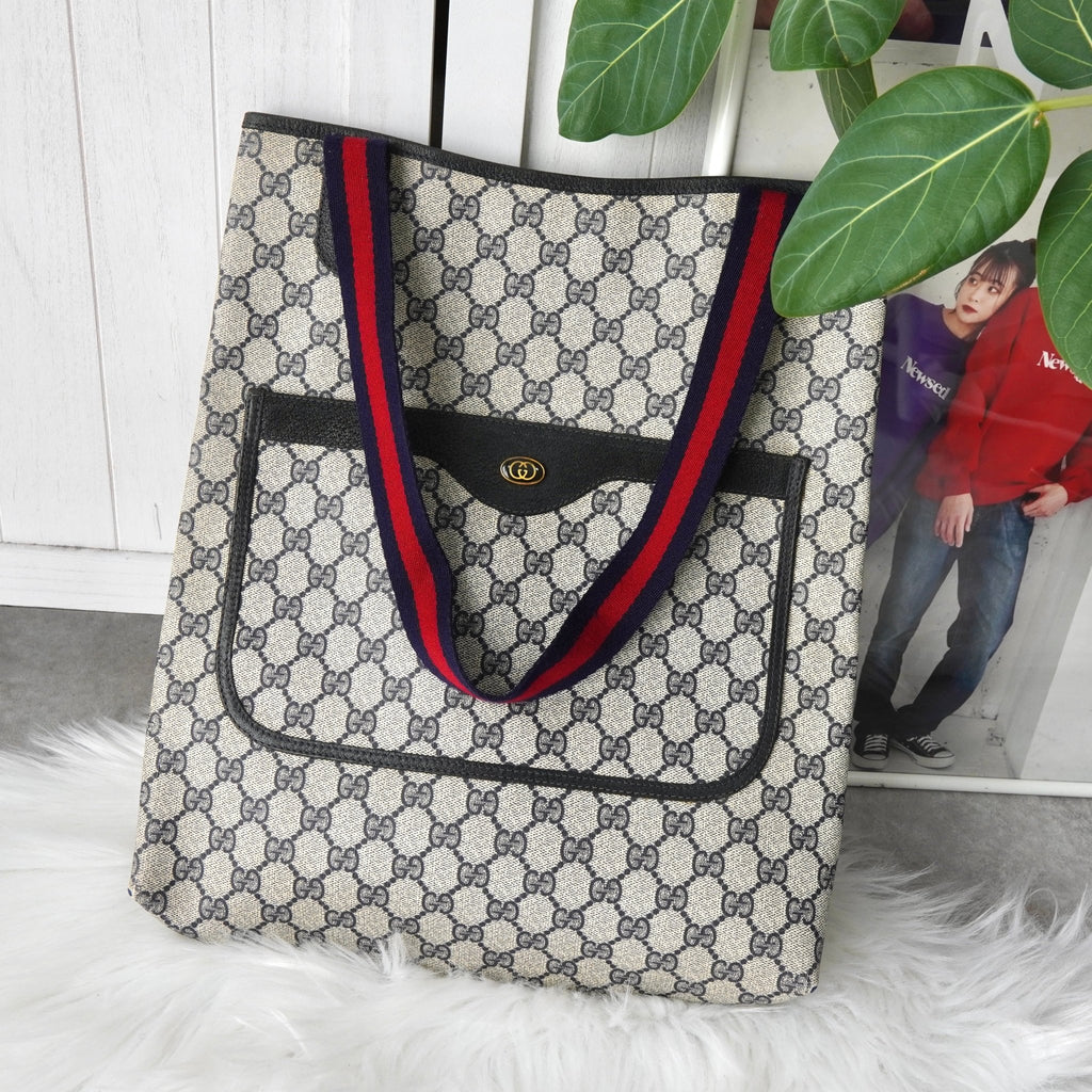 オールド グッチ シェリーライン GGスプリーム / レザートートバッグ ベージュ ネイビー