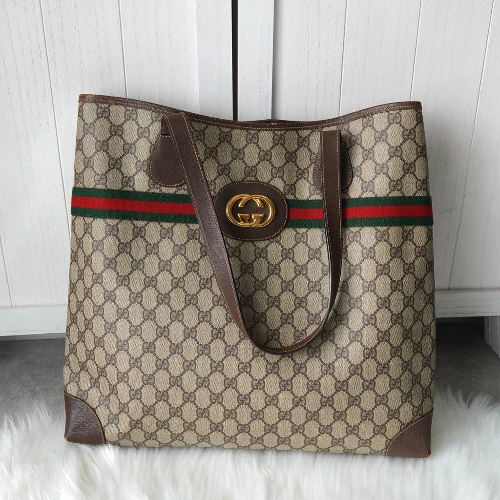 グッチ シェリーライン GGスプリーム / レザー トートバッグ ブラウン