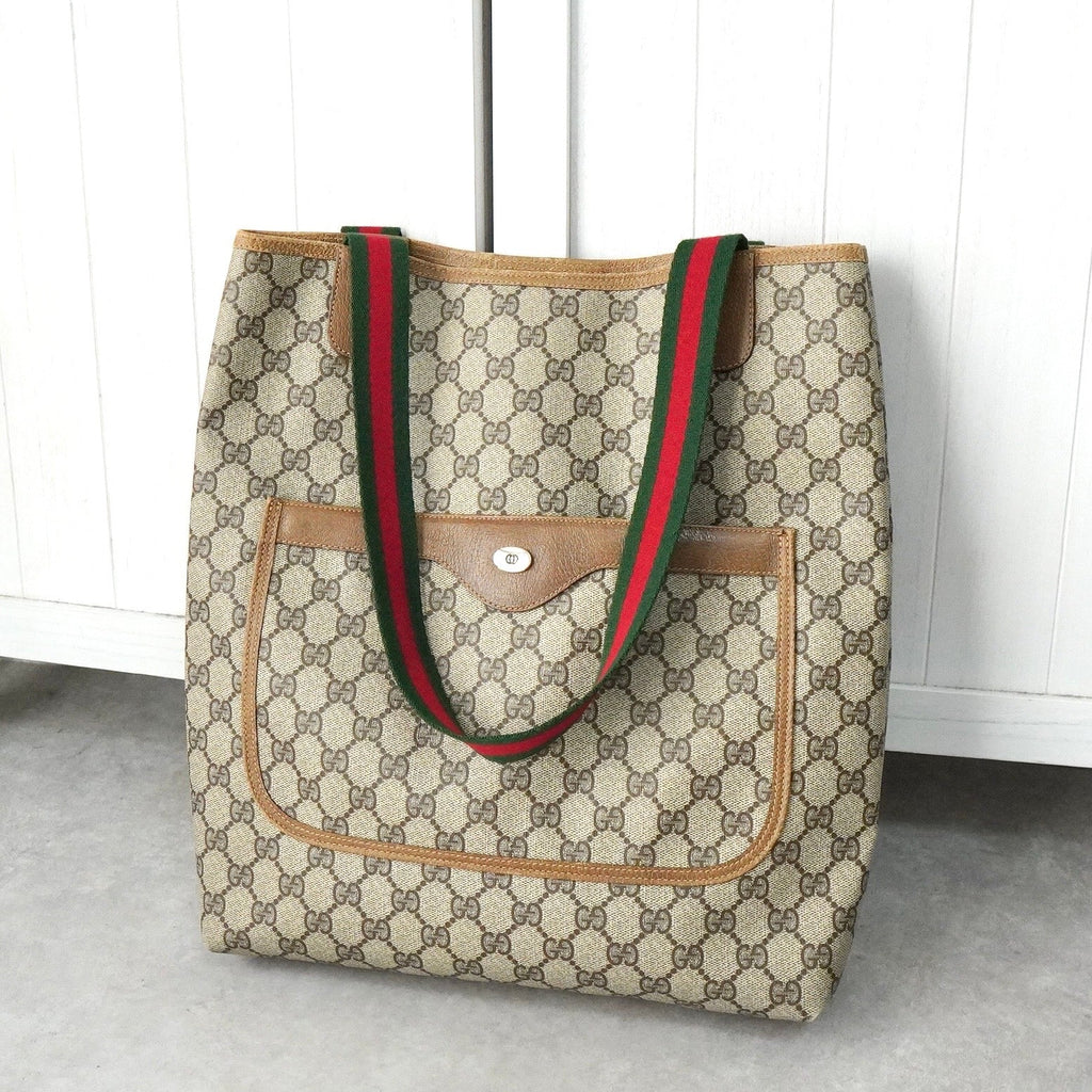 オールド グッチ シェリーライン GGスプリーム レザー トートバッグ ベージュ