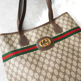 グッチ シェリーライン GGスプリーム / レザー トートバッグ ブラウン - NEWSED