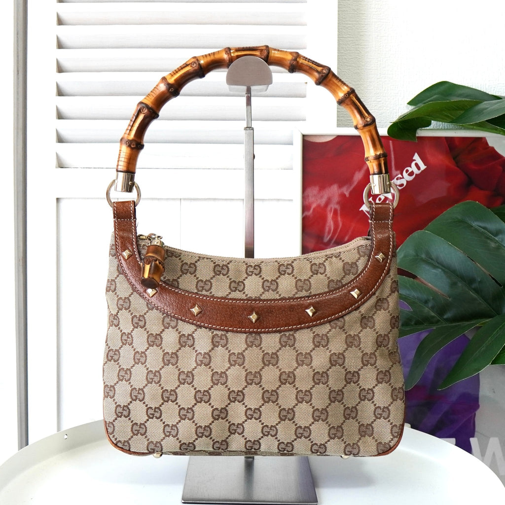 グッチ バンブー GGキャンバス / レザー スタッズ ワンショルダーバッグ ベージュ