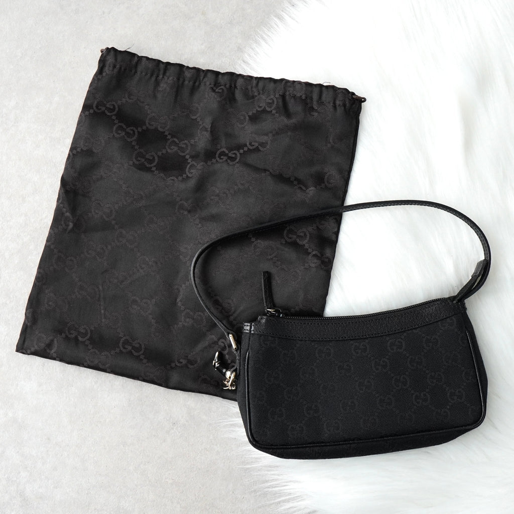 グッチ GGキャンバス / レザー ミニ ハンドバッグ アクセサリーポーチ ブラック