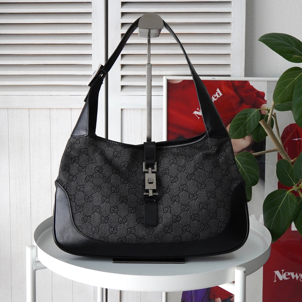 グッチ ジャッキー GGデニム / レザー ワンショルダーバッグ ブラック