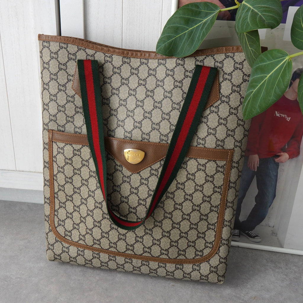 Old Gucci Sherry Line GG Plus/Leather Tote Bag A4 Size, Beige