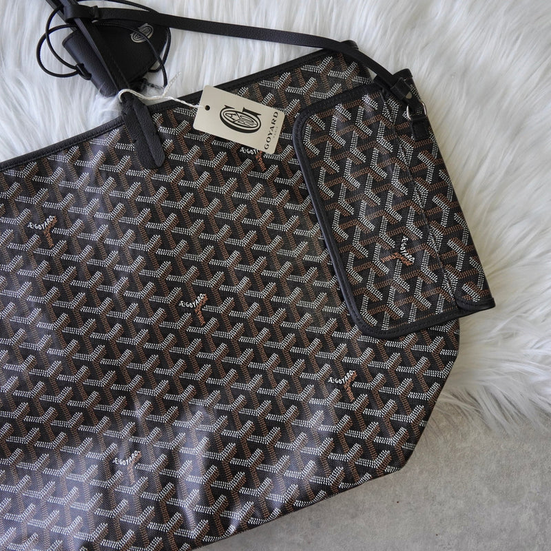 ゴヤール サンルイGM PVC トートバッグ ブラック / ブラウン ポーチ・バッグクリップ付き - NEWSED