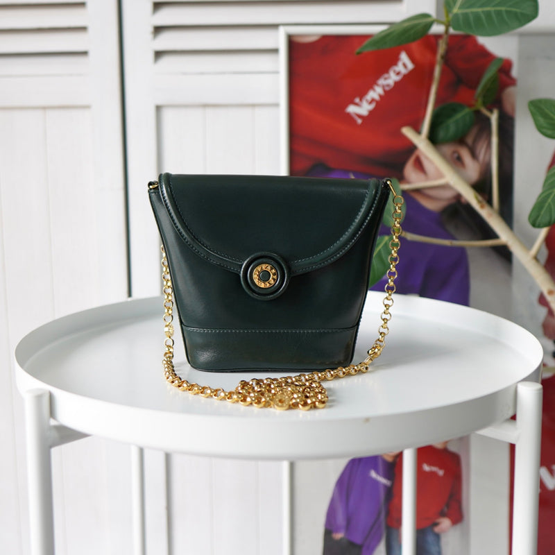 Gold Circle Green Leather Chain Shoulder Bag - NEWSED