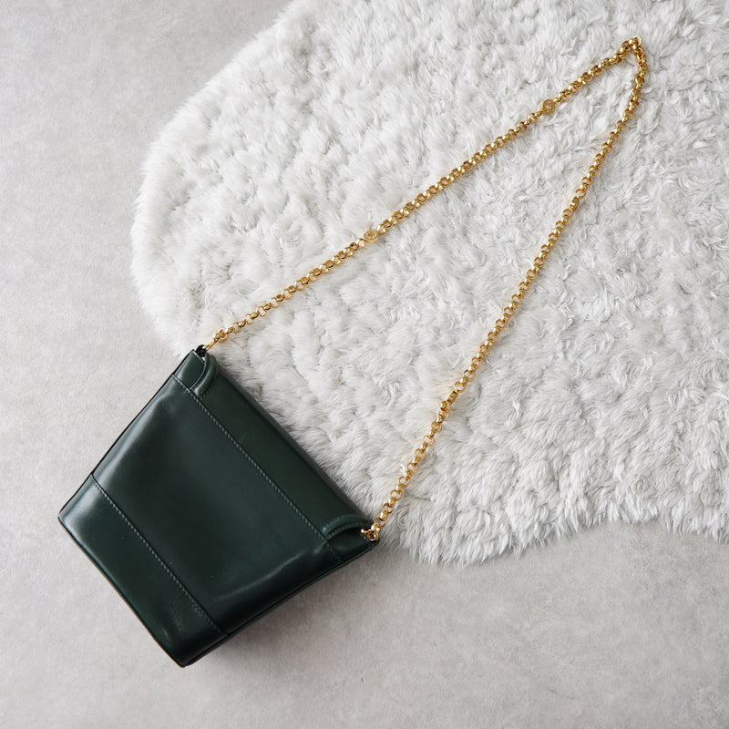 Gold Circle Green Leather Chain Shoulder Bag - NEWSED