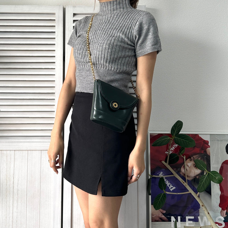 Gold Circle Green Leather Chain Shoulder Bag - NEWSED