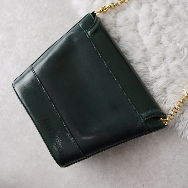 Gold Circle Green Leather Chain Shoulder Bag - NEWSED
