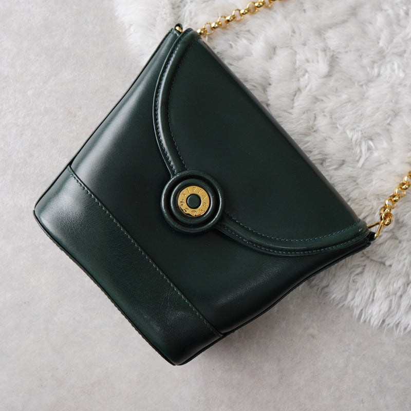 Gold Circle Green Leather Chain Shoulder Bag - NEWSED
