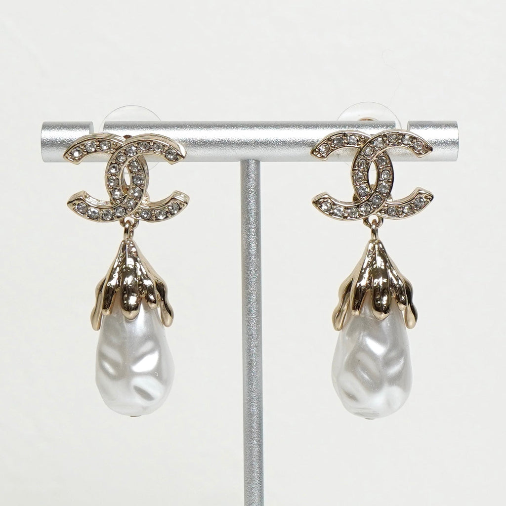 シャネル ココマーク ラインストーン スイング ドロップ パール ピアス GP