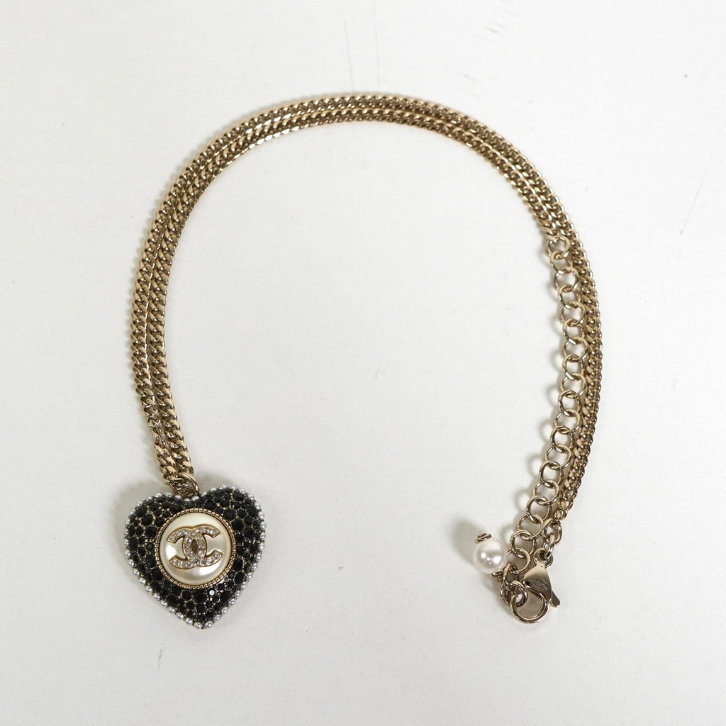 シャネル ココマーク ハート ラインストーン フェイクパール ネックレス GP ゴールド / ブラック