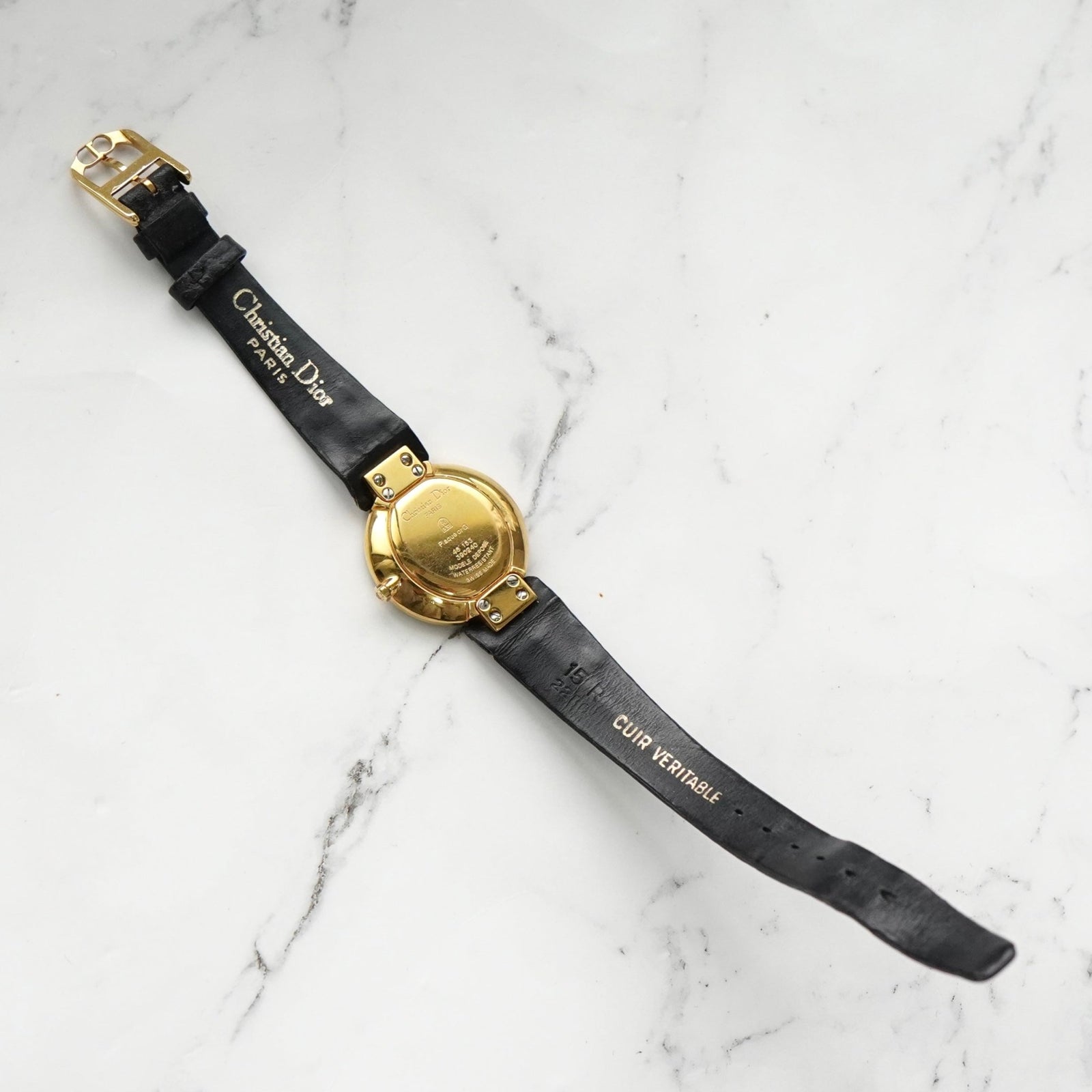 【希少　電池交換済み】Christian Dior 18K-GP クォーツ式 クリスチャン ディオール バギラ GP×レザー / クォーツ 黒文字盤