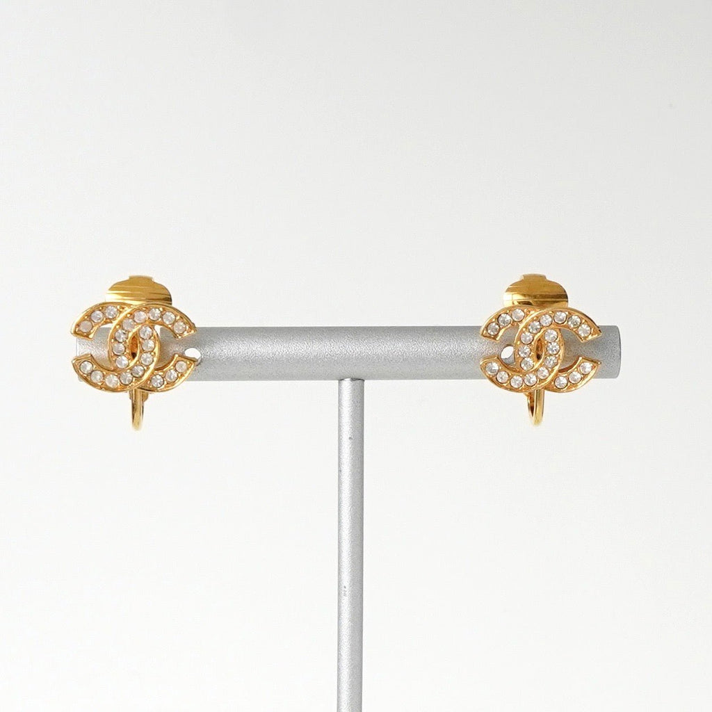 Chanel Coco Mark Rhinestone Earrings in GP Gold