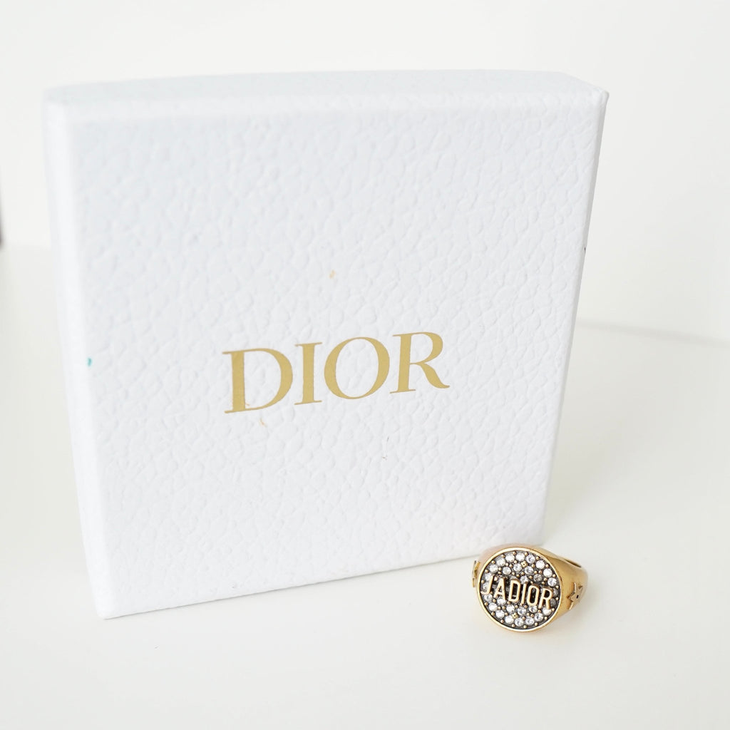 クリスチャン ディオール ロゴ ラインストーン リング GP / ブラック Mサイズ 11.5号 箱付き