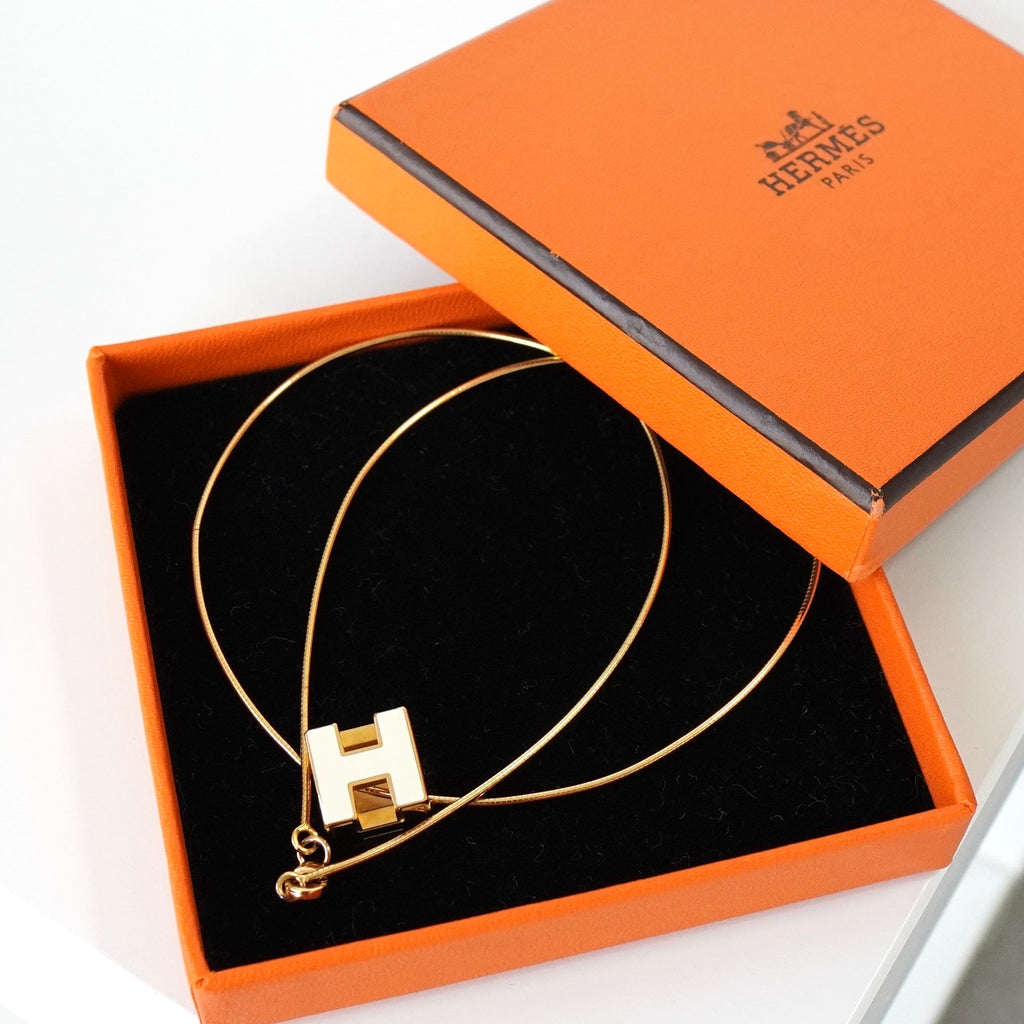 Hermes Cage d'Ache H Cube Necklace GP Gold/Ivory with Box