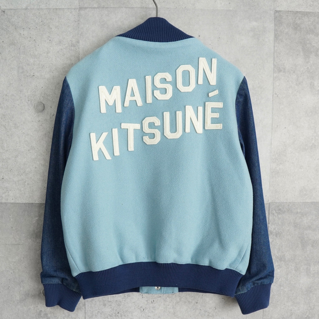 メゾン キツネ フェルトロゴ デニム切り替え ウール ブルゾン スタジャン ブルー