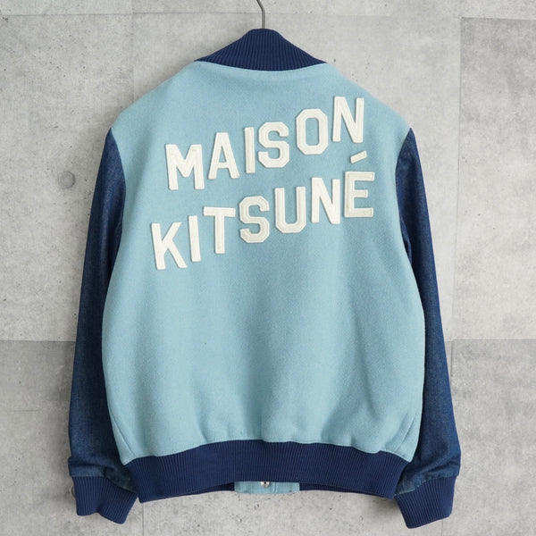 メゾン キツネ フェルトロゴ デニム切り替え ウール ブルゾン スタジャン ブルー