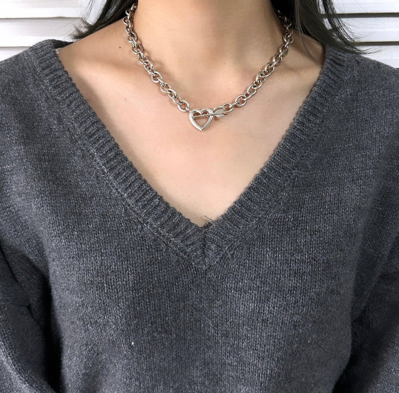 Heart × Arrow Silver Anchor Necklace - NEWSED