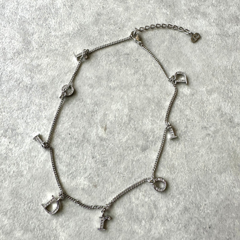 Logo motif rhinestoned silver necklace