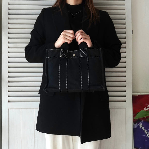 エルメス ドーヴィルPM キャンバス ハンドバッグ ブラック / ホワイトステッチ