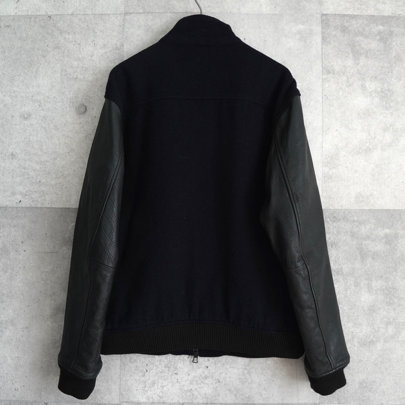 フレッドペリー ロゴ刺繍 レザー切り替え ウールブルゾン ブラック