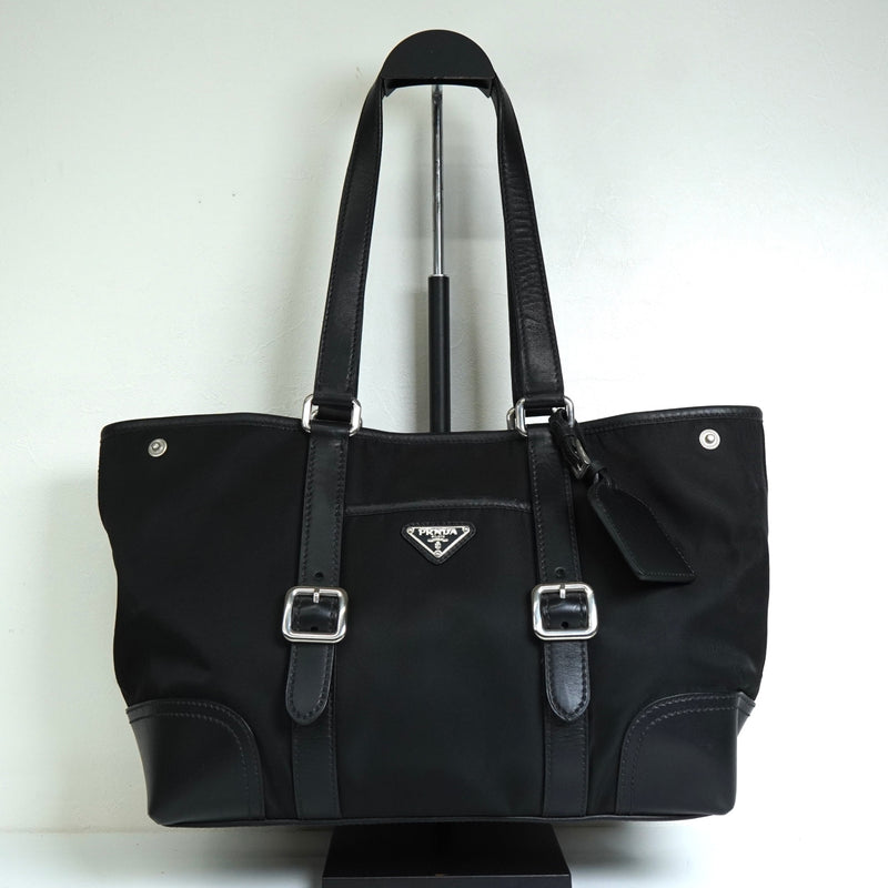 プラダ トライアングルロゴ テスート ポコノ ナイロン レザー トートバッグ ブラック