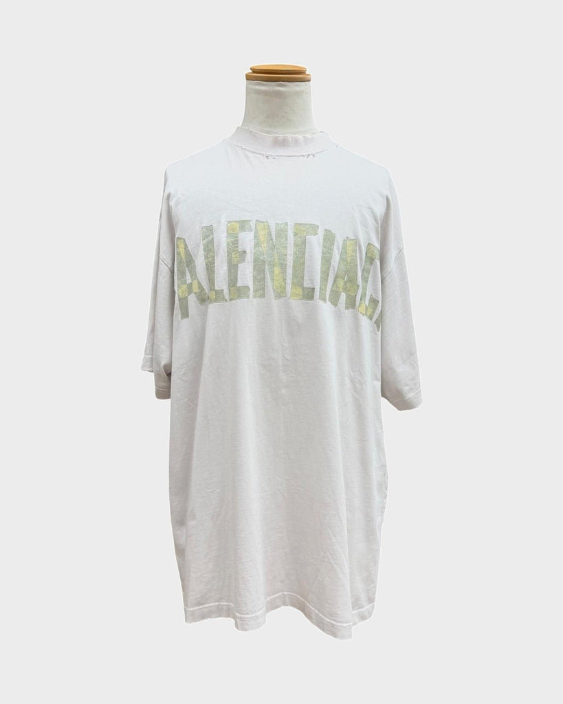 バレンシアガ テープロゴ ダメージ加工 クルーネック オーバーサイズ ショートスリーブ 半袖Ｔシャツ ベージュ L メンズ
