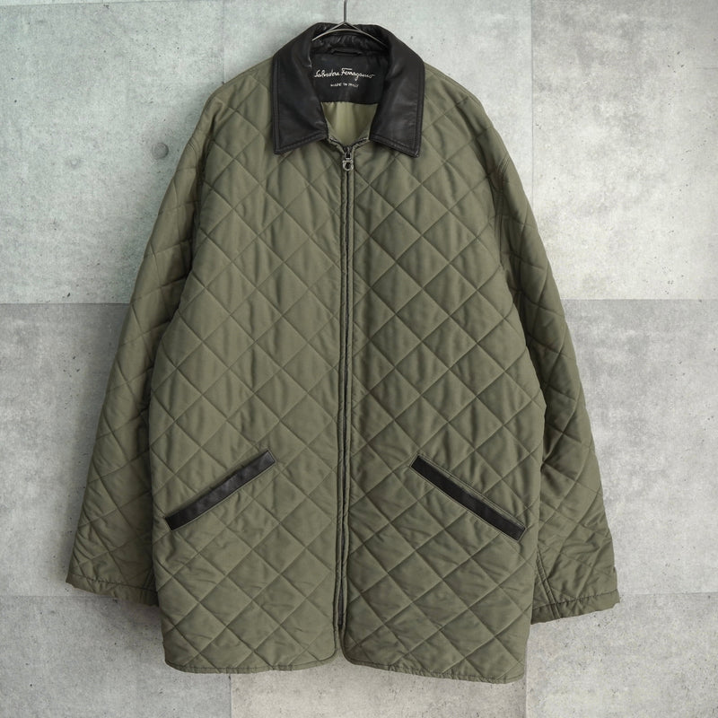 サルバトーレ フェラガモ レザー切り替え キルティングジャケット カーキ