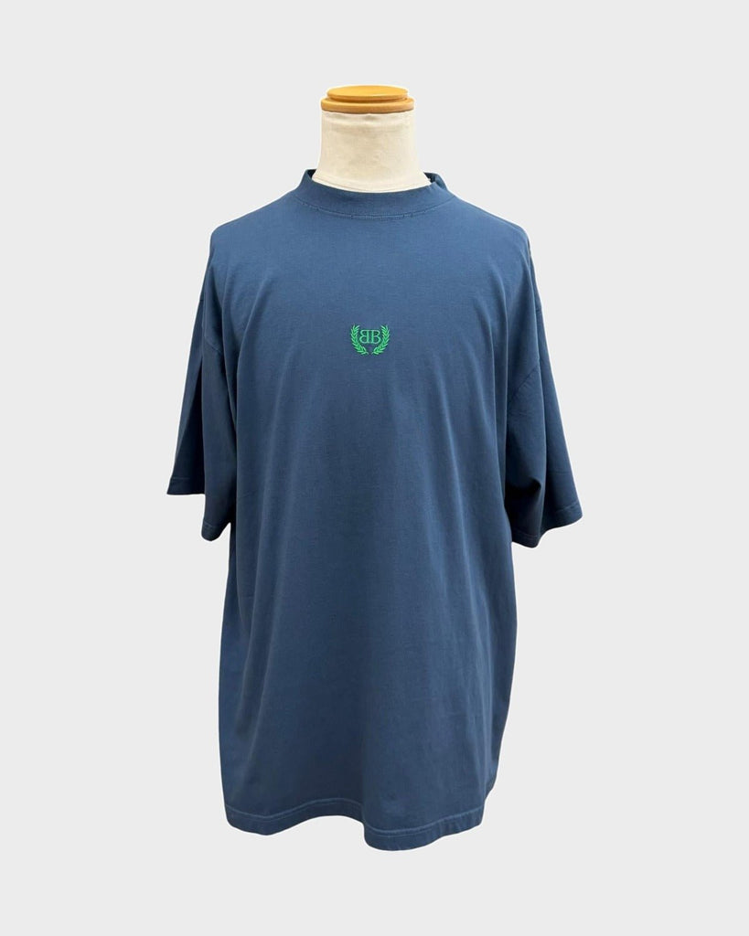 バレンシアガ LAUREL CLASSIC MEDIUM FIT T-SHIRT ロゴ刺繍 ダメージ加工 クルーネック ショートスリーブ 半袖Ｔシャツ ネイビー M メンズ