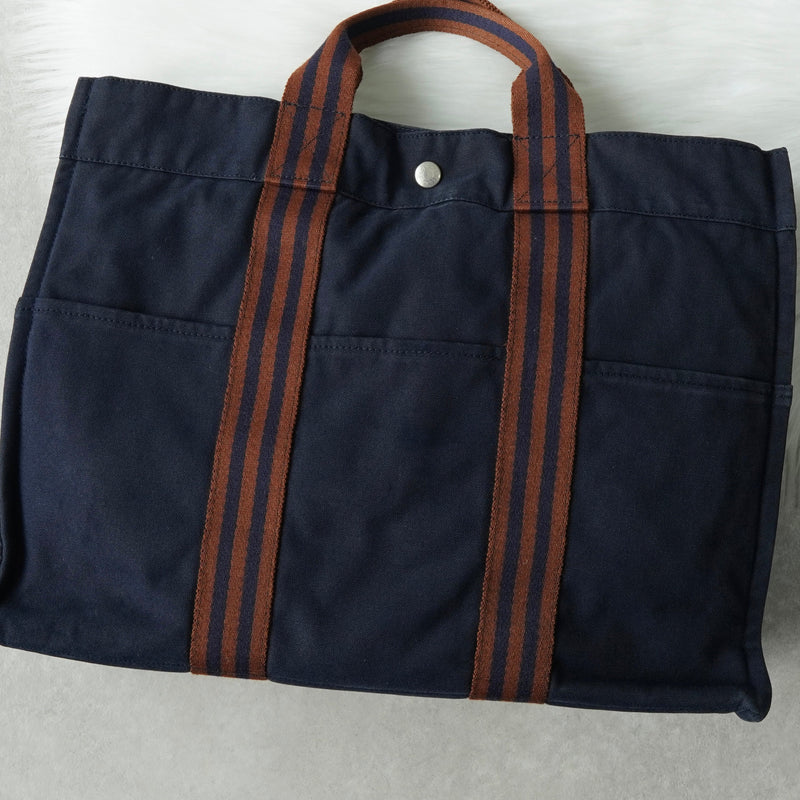 エルメス フールトゥMM キャンバス ハンドバッグ ネイビー / ブラウン