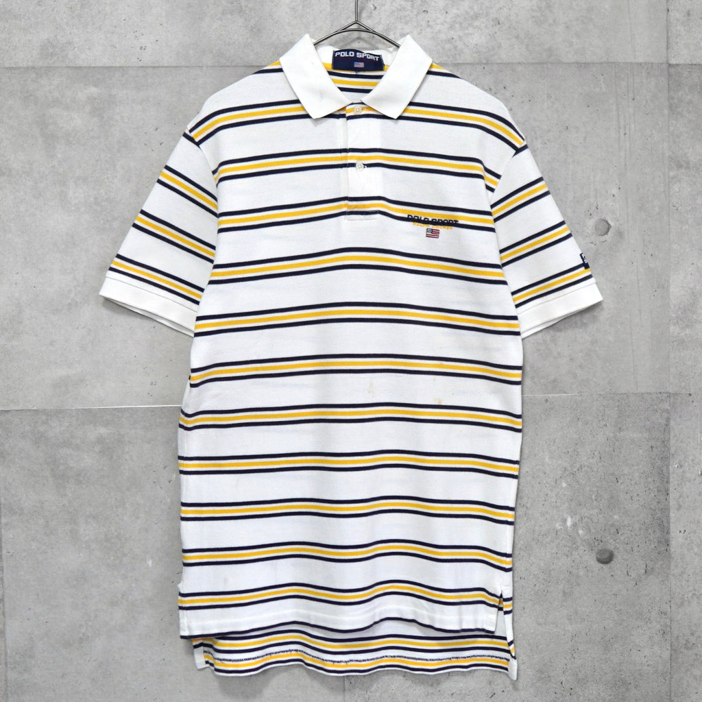 ポロスポーツ ラルフローレン 星条旗ロゴ ワンポイント刺繍 ボーダー柄 半袖ポロシャツ ホワイト / イエロー / ネイビー メンズM相当