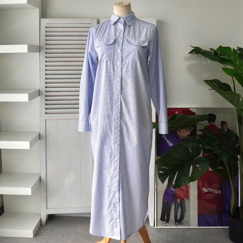 ローレン ラルフローレン ストライプ柄 ロング丈 シャツワンピース ブルー