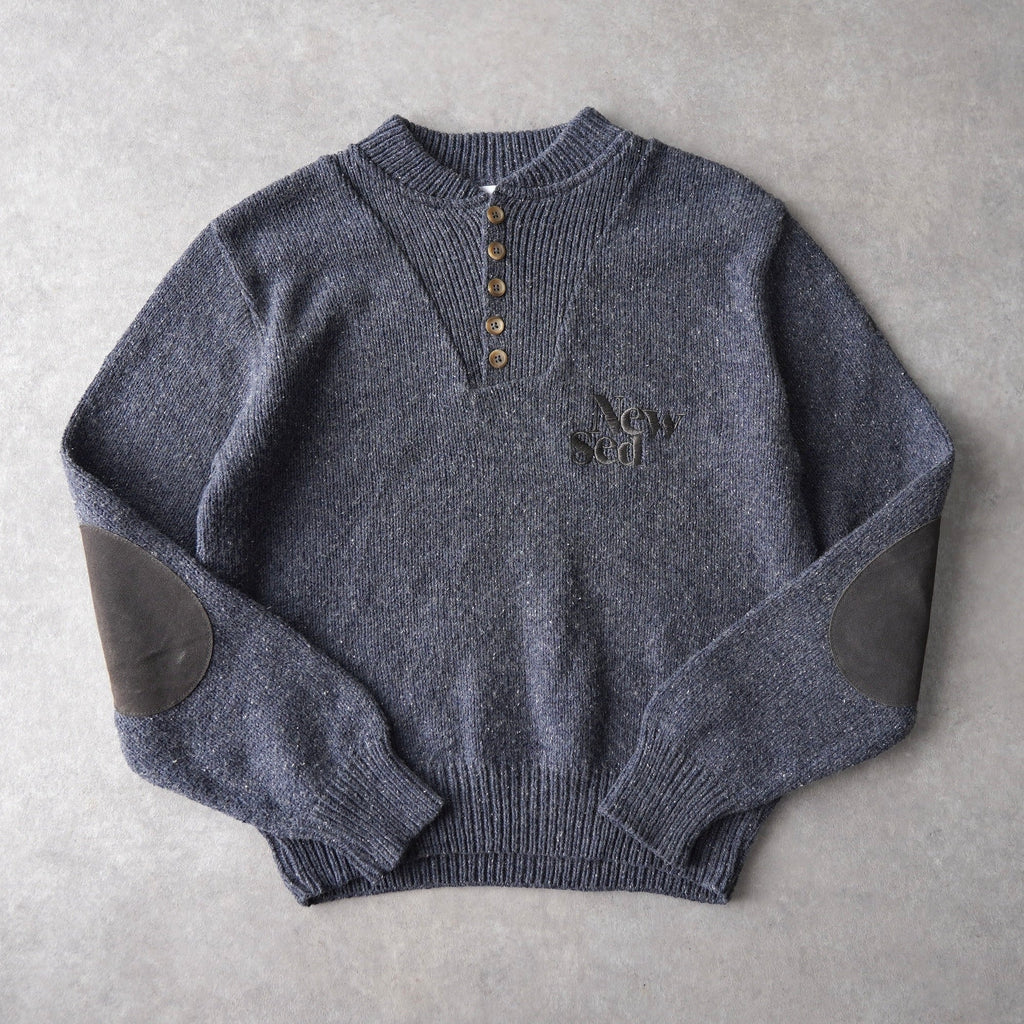 Newsed Logo Remake Knit Half Button Shawl Collar Elbow Patch Gray Blue No.456 