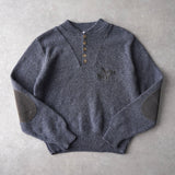 Newsed ロゴ リメイク ニット ハーフボタン ショールカラー エルボーパッチ グレー ブルー No.456 - NEWSED