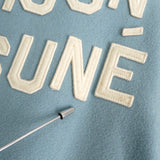 メゾン キツネ フェルトロゴ デニム切り替え ウール ブルゾン スタジャン ブルー