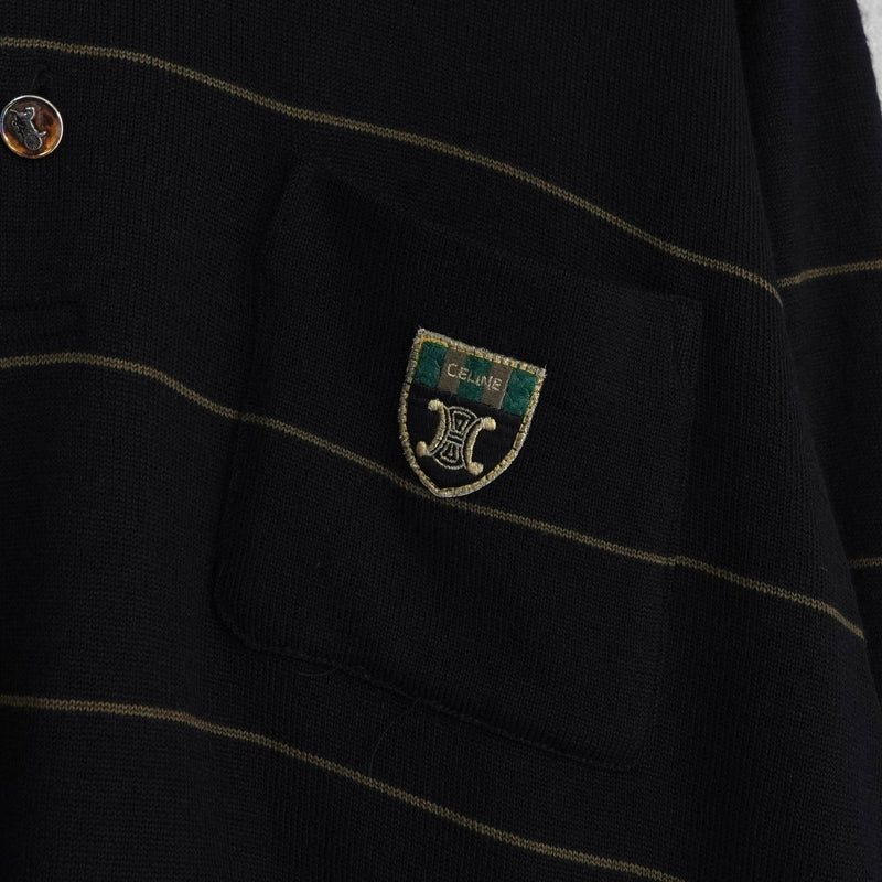 セリーヌ ヴィンテージ ボーダー柄 トリオンフ ワッペン 金ボタン シルク混紡 ポロニット ブラック - NEWSED