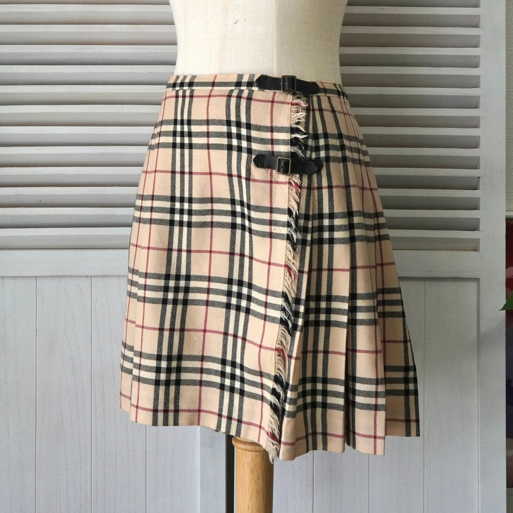 バーバリー ブルー レーベル ノバチェック プリーツ ウール ミニスカート ベージュ