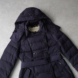 バーバリー ブリット ノバチェック裏地 ダウンジャケット コート フード取り外し可 ウエストベルト付き ネイビー - NEWSED