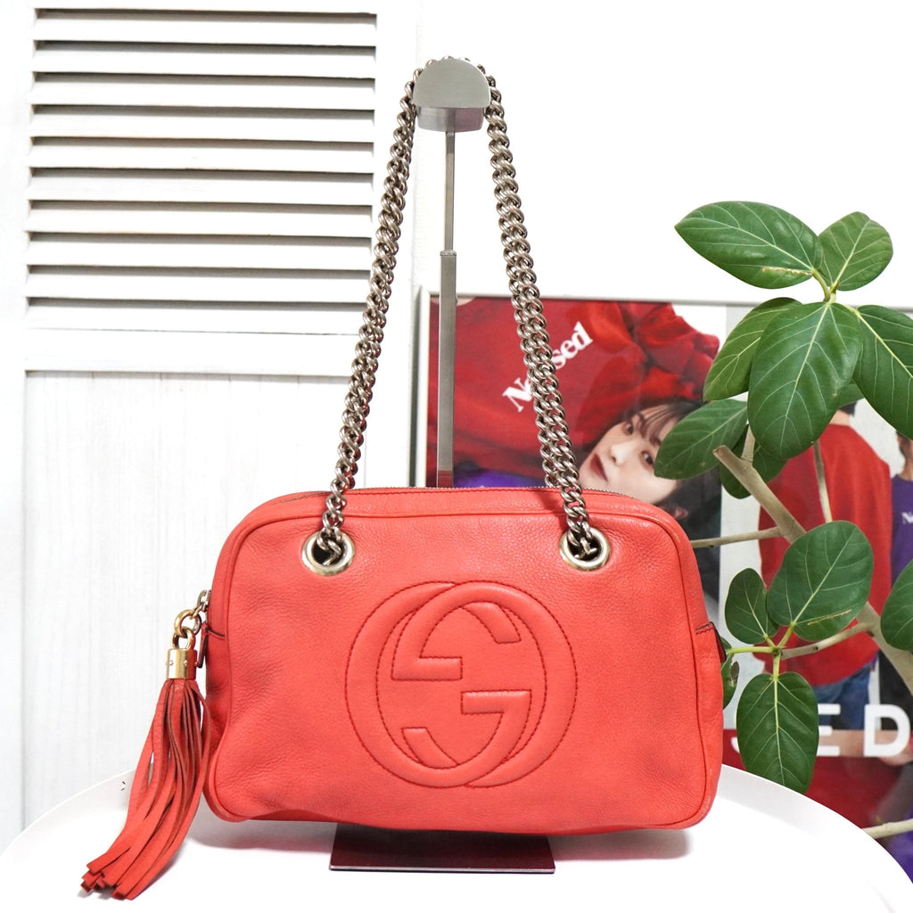 グッチ ソーホー レザー フリンジ チェーンショルダーバッグ ピンク