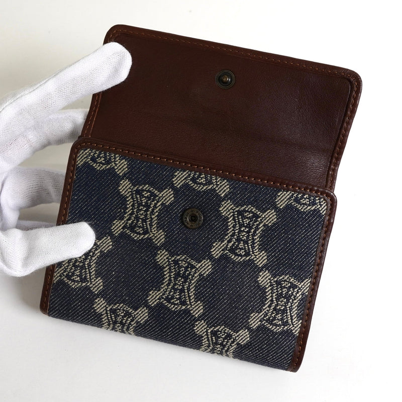 セリーヌ パリマカダム デニム / レザー コンパクトウォレット 二つ折り財布 ブルー / ブラウン - NEWSED