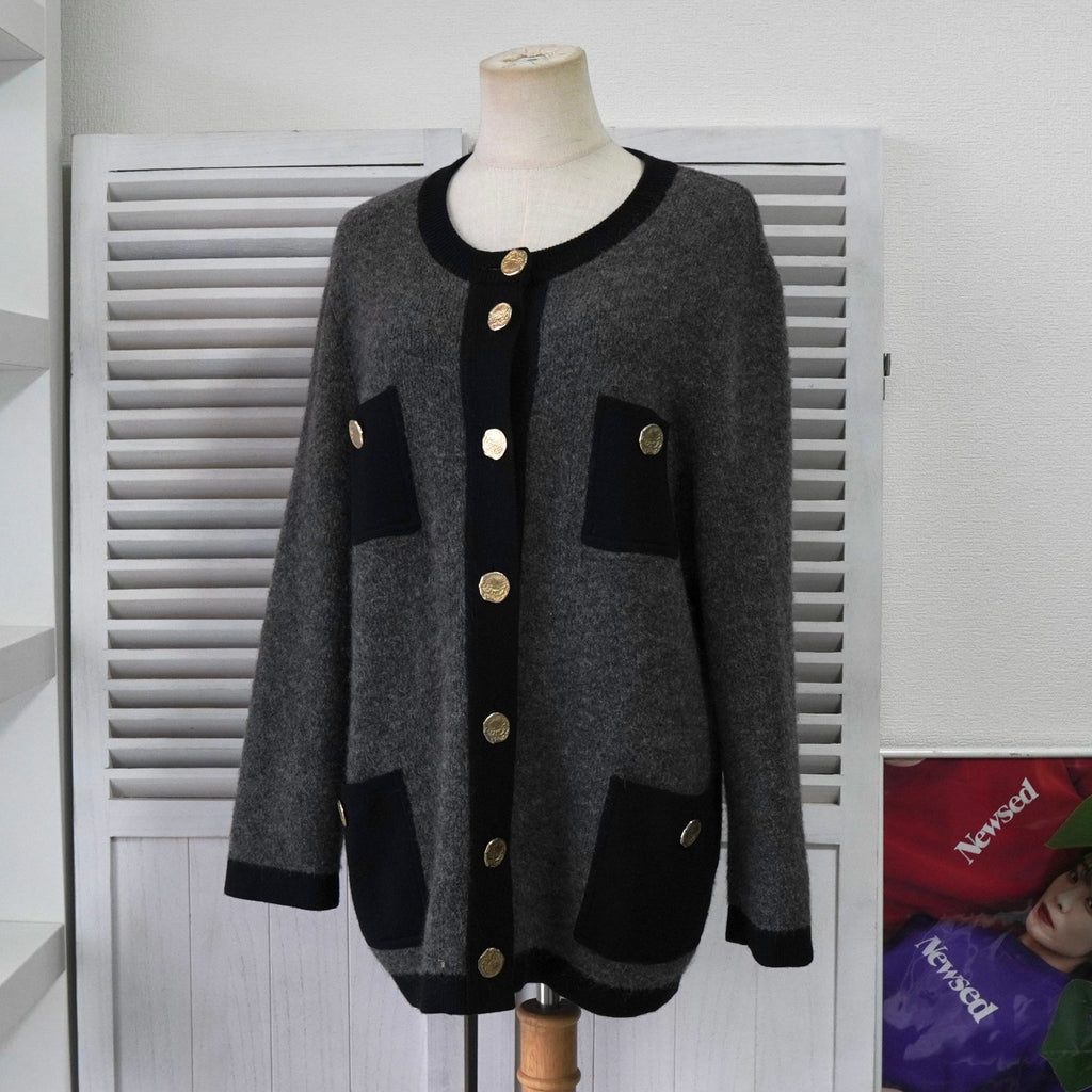 イヴ サンローラン ヴィンテージ 金ボタン カーディガン グレー レディース