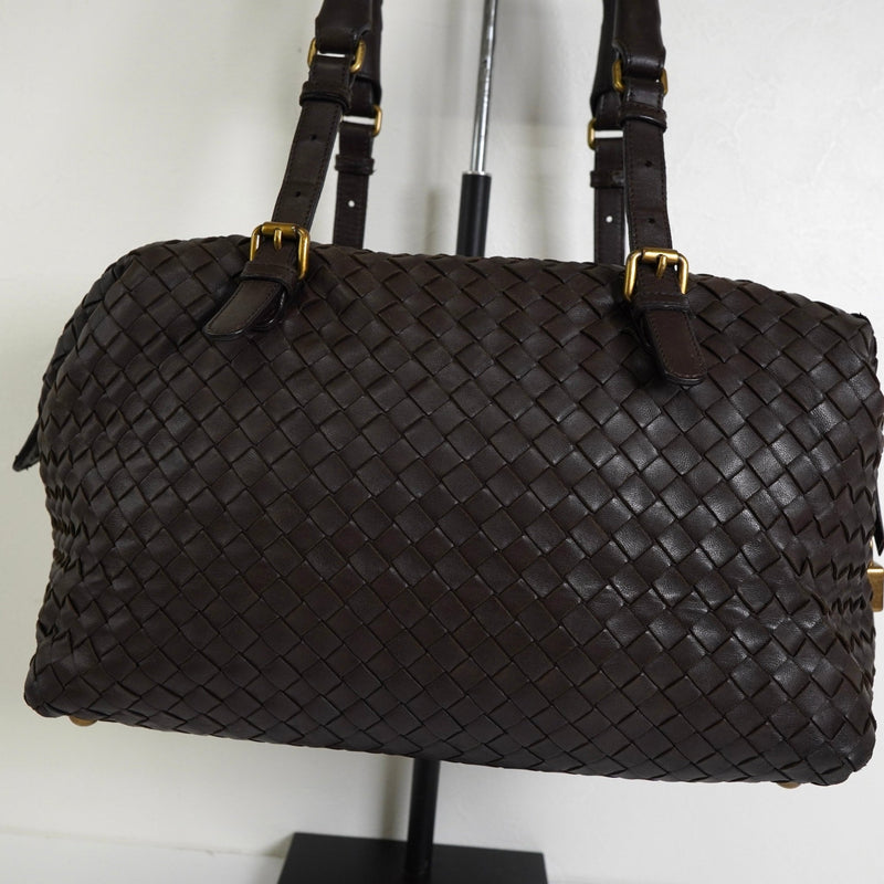 ボッテガ ヴェネタ イントレチャート レザー ミニボストンバッグ ハンドバッグ ブラウン - NEWSED