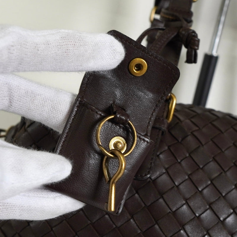 ボッテガ ヴェネタ イントレチャート レザー ミニボストンバッグ ハンドバッグ ブラウン - NEWSED