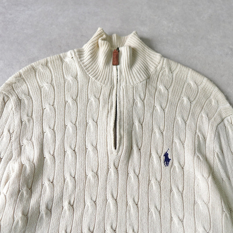 ポロ バイ ラルフローレン ハーフジップ ケーブル編み ニット ロゴ刺繍 オフホワイト - NEWSED