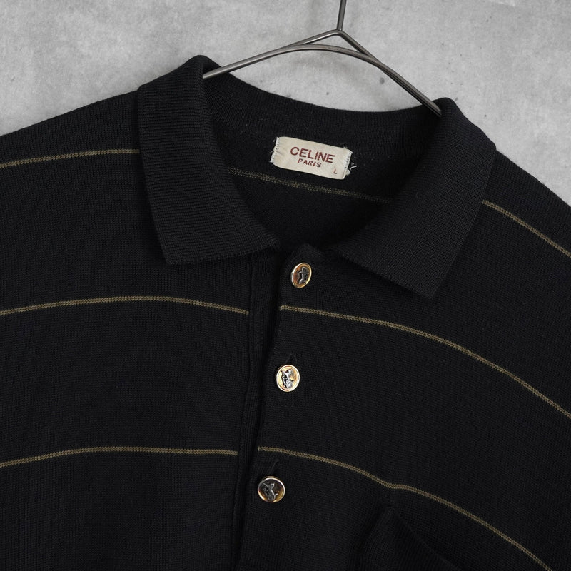 セリーヌ ヴィンテージ ボーダー柄 トリオンフ ワッペン 金ボタン シルク混紡 ポロニット ブラック - NEWSED